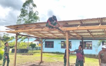 Satgas Yonif 123/Rajawali Bangun Garasi Gereja GPI Eci di Distrik Assue, Asgon