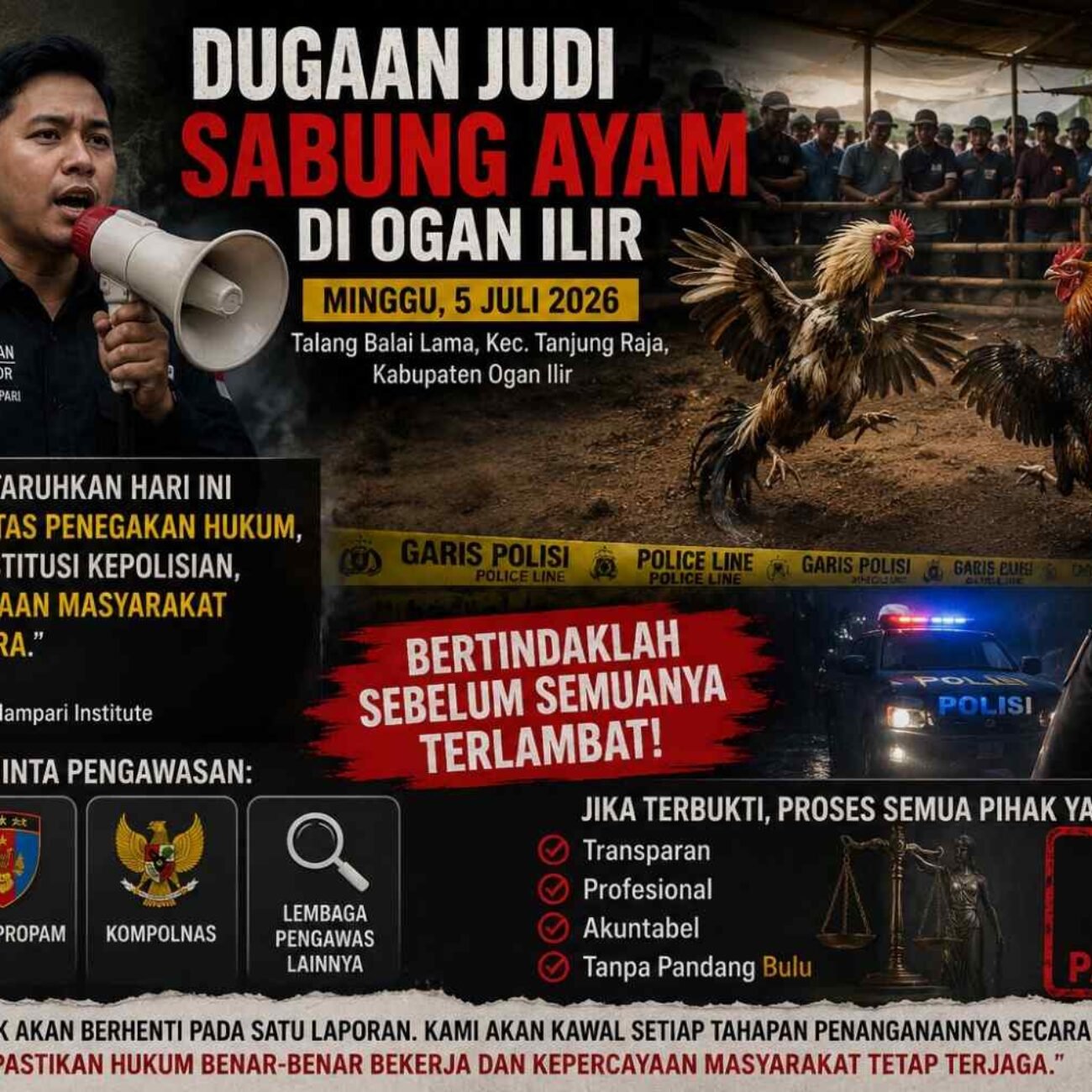 Milenial Silampari Institute Desak APH Bertindak Sebelum Terlambat, Minta Dugaan Sabung Ayam di Ogan Ilir Diusut Tuntas