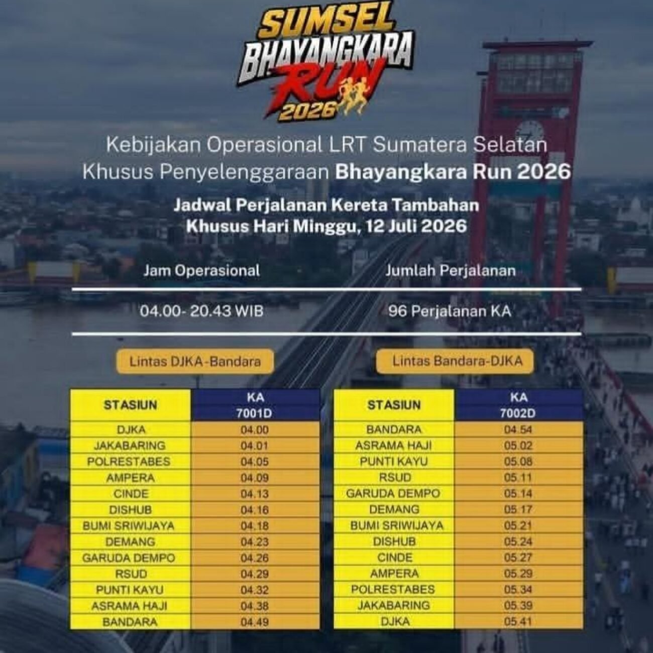 LRT Sumsel Tambah Perjalanan Khusus Bhayangkara Run 2026, Operasi Dimulai Pukul 04.00 WIB