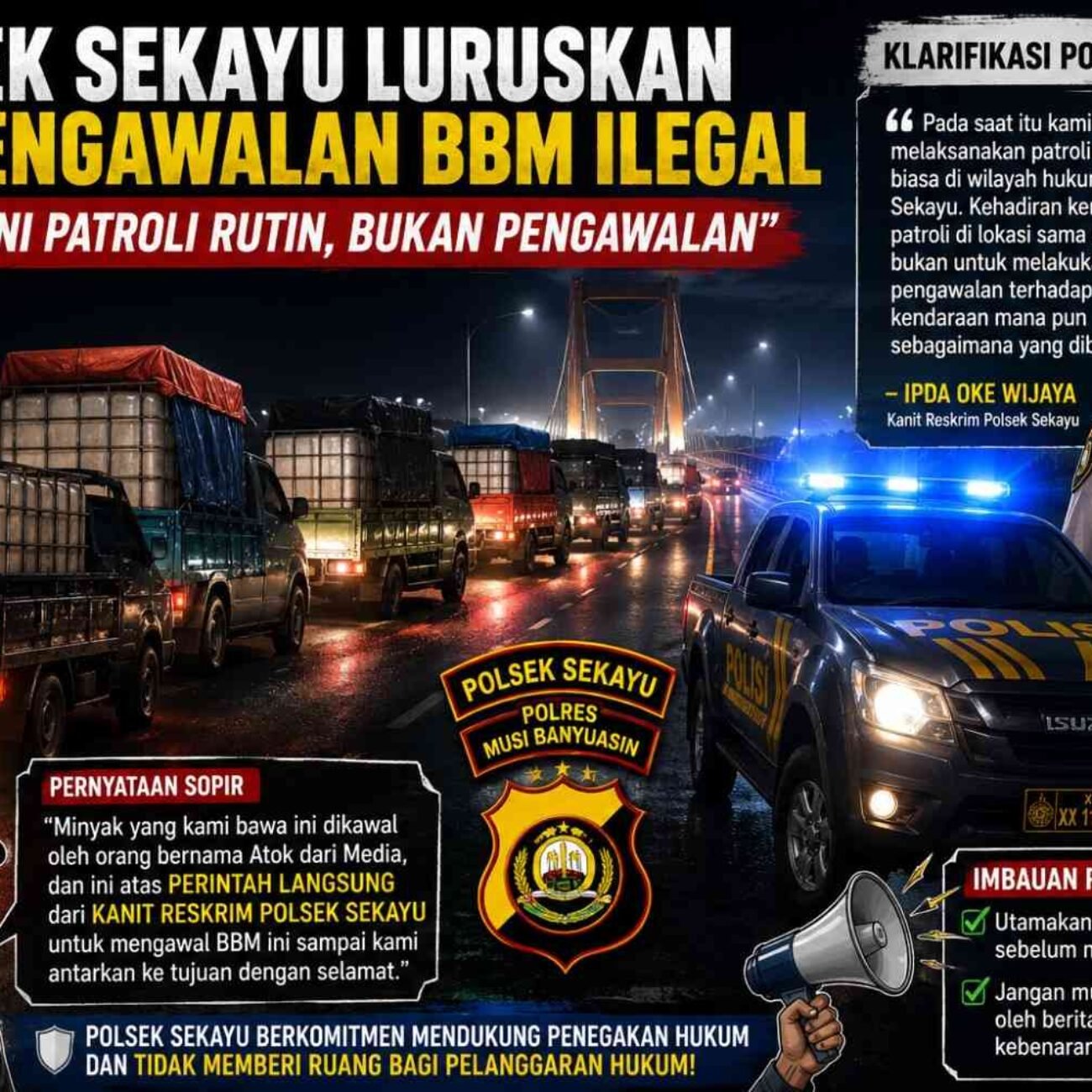 Polsek Sekayu Bantah Isu Kawal BBM Ilegal, Tegaskan Kendaraan Dinas Sedang Patroli