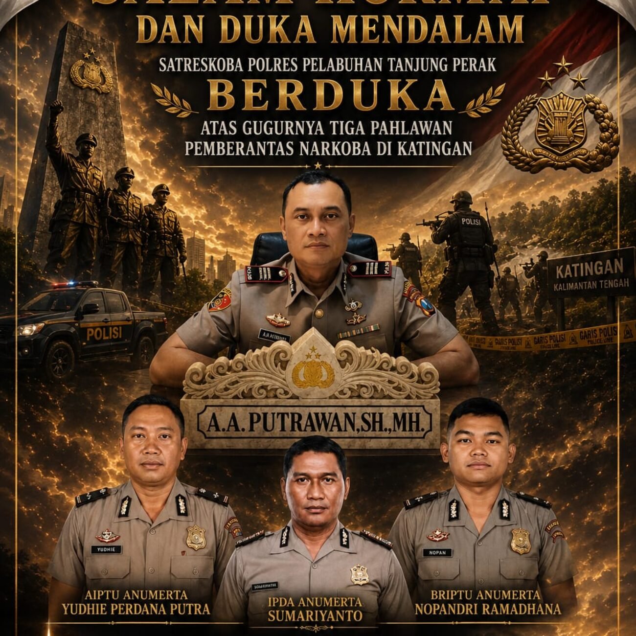 SALAM HORMAT DAN DUKA MENDALAM, SATRESKOBA POLRES PELABUHAN TANJUNG PERAK BERDUKA ATAS GUGURNYA TIGA PAHLAWAN PEMBERANTAS NARKOBA DI KATINGAN