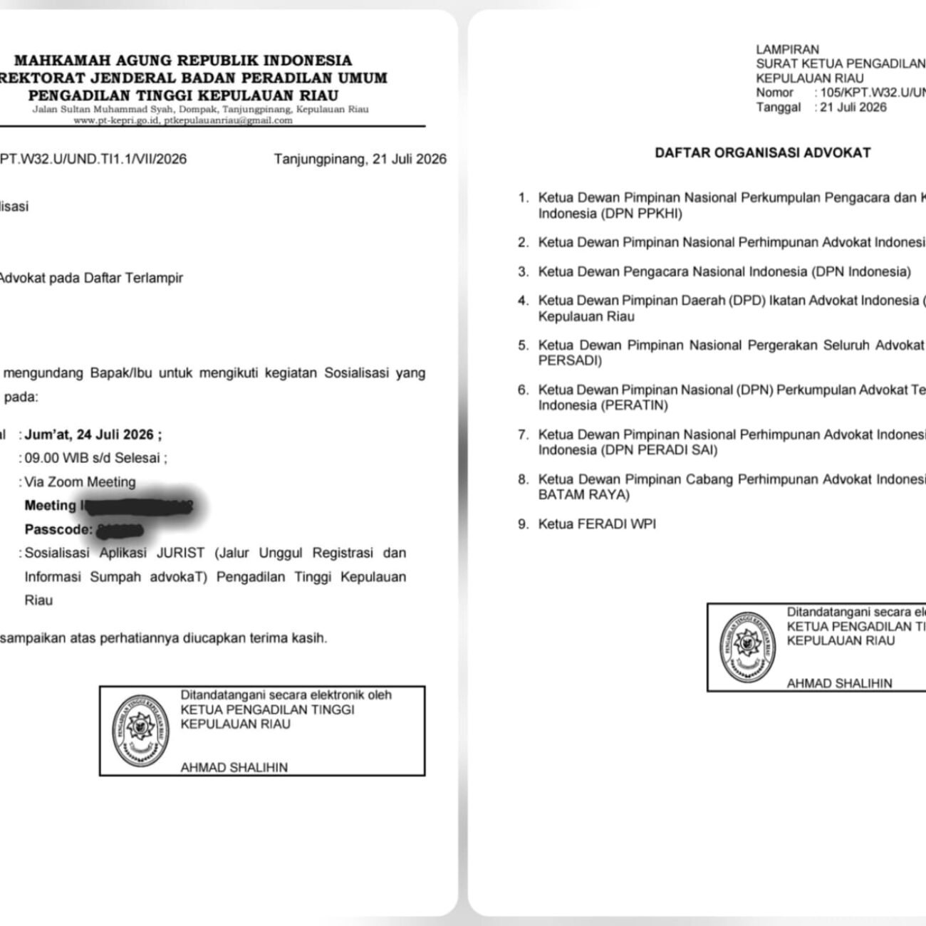 FERADI WPI Apresiasi Undangan Sosialisasi Aplikasi JURIST untuk Penyumpahan Advokat di Pengadilan Tinggi Kepulauan Riau