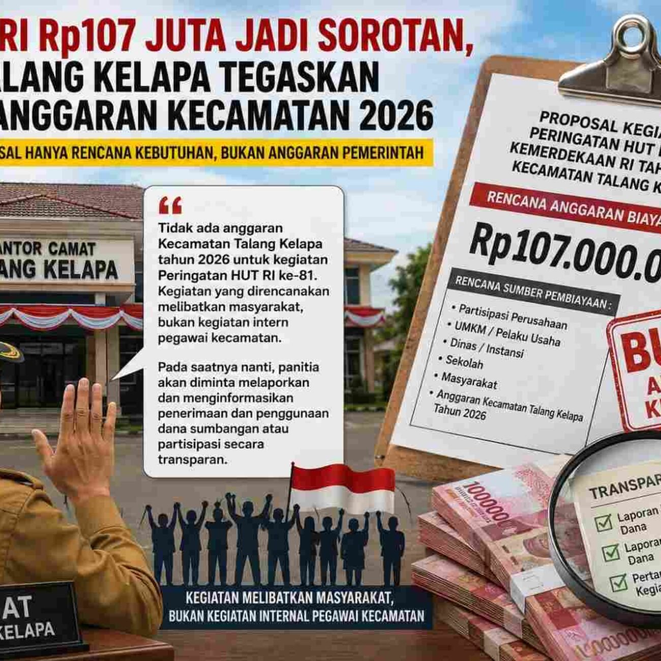 RAB HUT RI Rp107 Juta Jadi Sorotan, Camat Talang Kelapa Tegaskan Tak Ada Anggaran Kecamatan