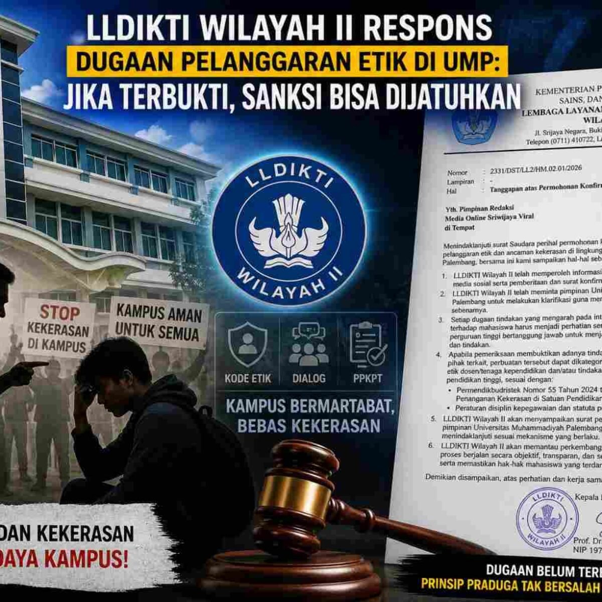 LLDIKTI Wilayah II Respons Dugaan Pelanggaran Etik di UMP, Jika Terbukti Sanksi Bisa Dijatuhkan