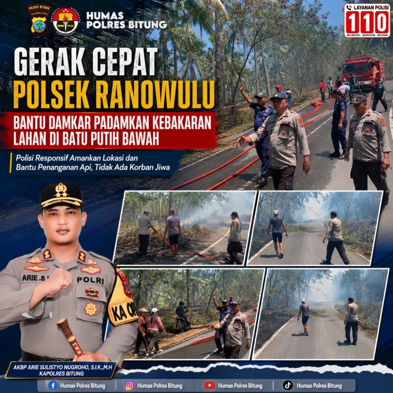 Gerak Cepat Polsek Ranowulu Bantu Damkar Tangani Kebakaran Lahan di Batu Putih Bawah