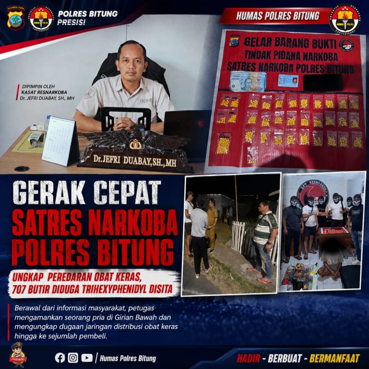 Gerak Cepat Satres Narkoba Polres Bitung Ungkap Peredaran Obat Keras, 707 Butir Diduga Trihexyphenidyl Disita
