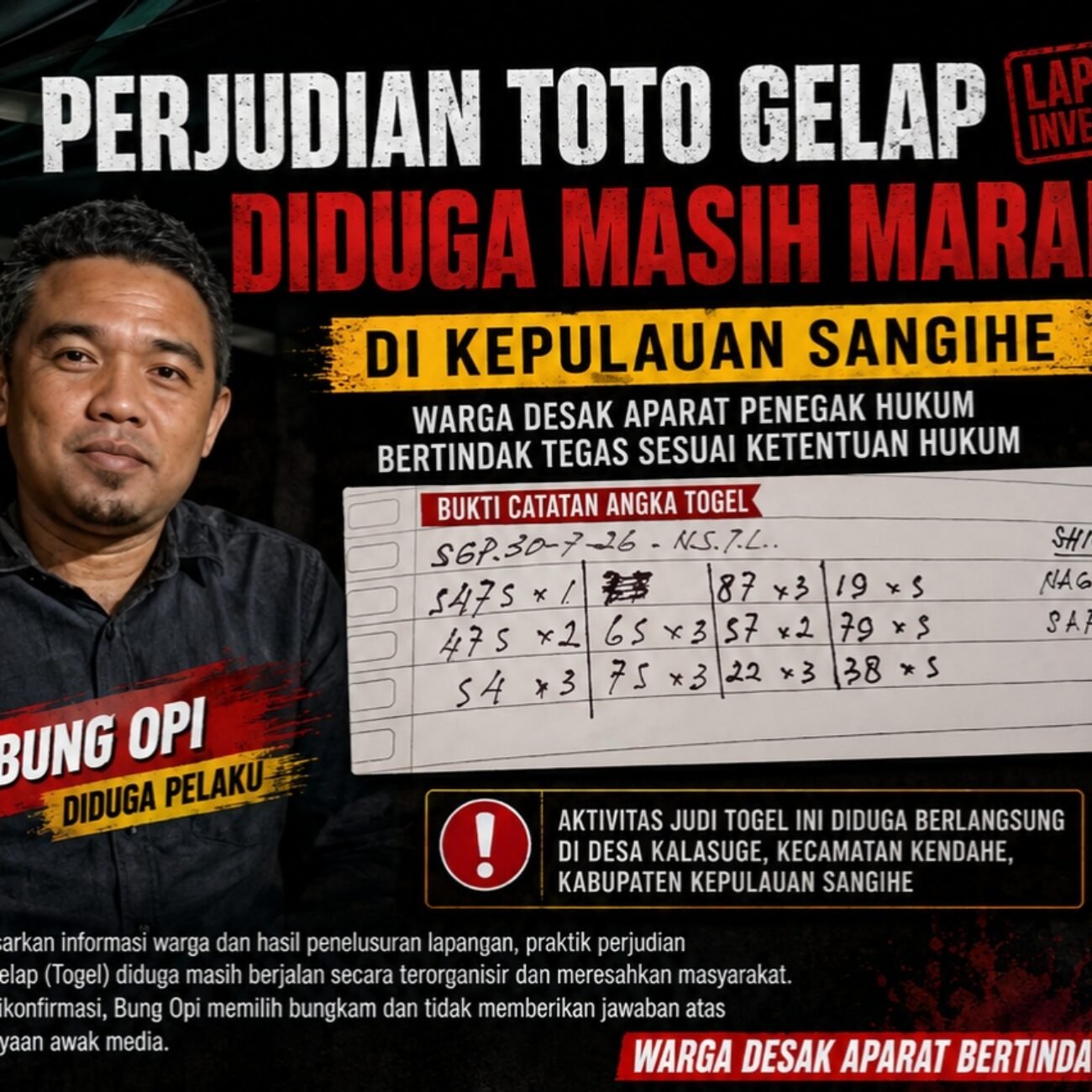 Publik Desak Polres Kepulauan Sangihe Usut Dugaan Keterlibatan Nofri Bisandorong alias Opi dalam Praktik Togel