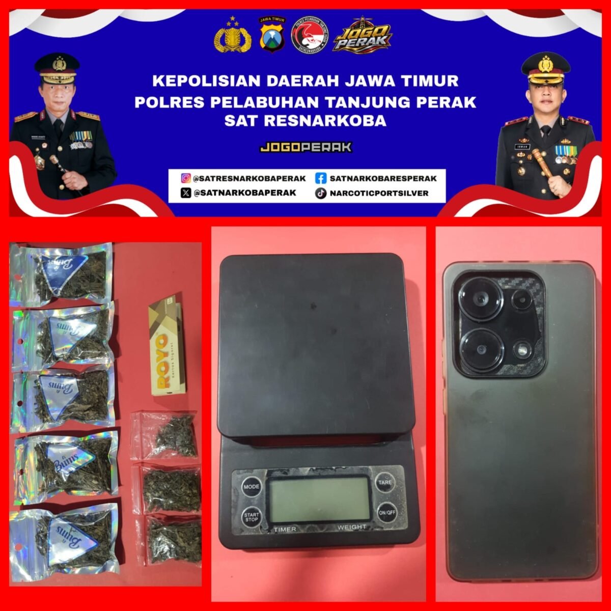 JUAL GANJA LEWAT INSTAGRAM, PEMUDA 23 TAHUN DITANGKAP! 41,8 GRAM GANJA DISITA SATRESNARKOBA TANJUNG PERAK